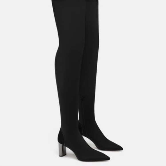 ZARA Over the Knee Stretch Black Boots Silver Heel Size 8 Thigh High Neoprene - Picture 2 of 4